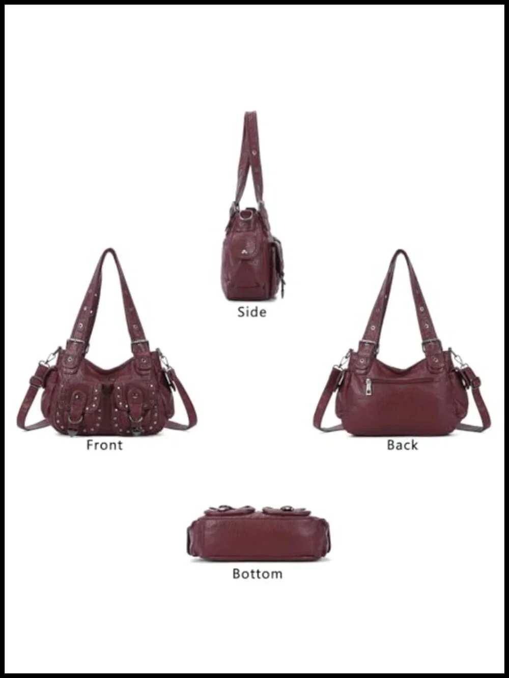 Vegan Leather Hobo Bag Multi Pocket Studded Shoulder Tote